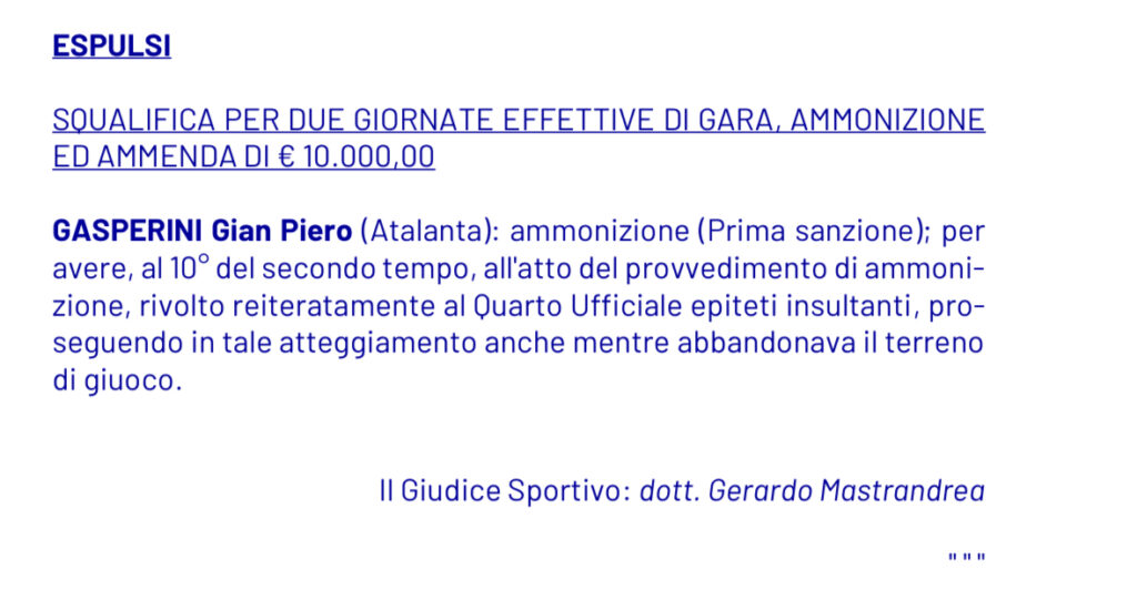 Gasperini squalificato per due giornate: salta Atalanta-Milan!