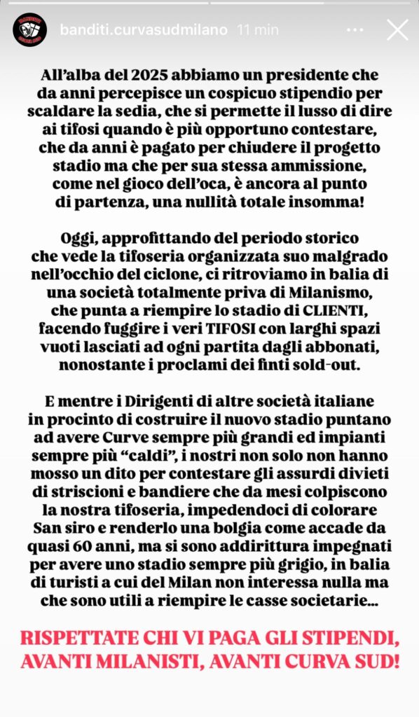 Comunicato Banditi Curva Sud Milano