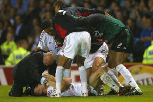 Andriy Shevchenko of Milan celebrates scoring the winning goal