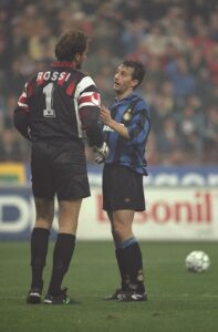 Sebastiano Rossi of AC Milan and Maurizio Ganz of Inter Milan