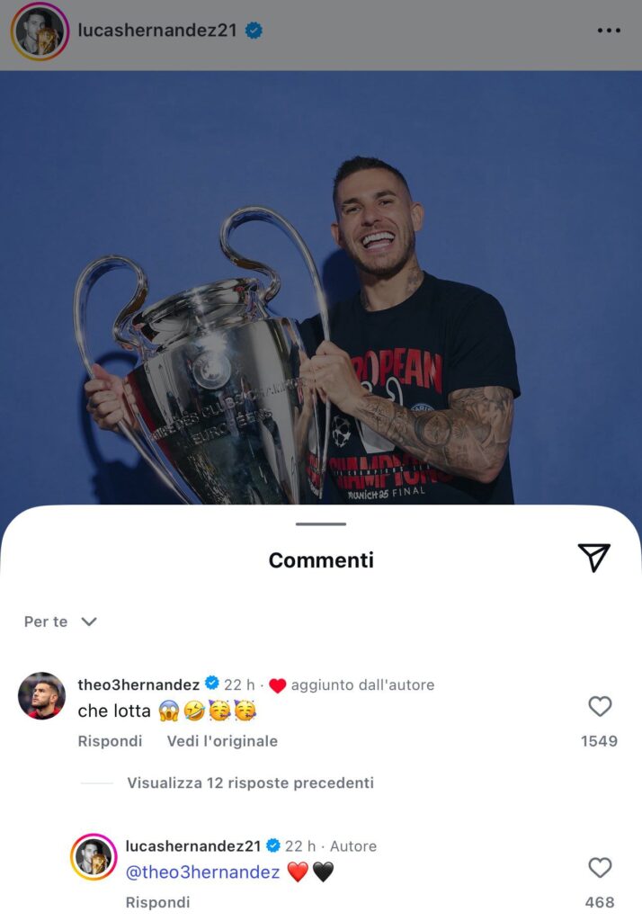theo-hernandez-milan-commento-social-instagram-champions-league-lucas-inter-psg
