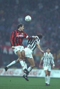 Franco Baresi of AC Milan and Andreas Moller of Juventus